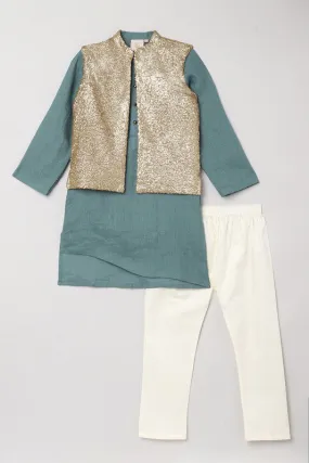 3Pcs Sea Green Kurta Set with sequence waistcoat