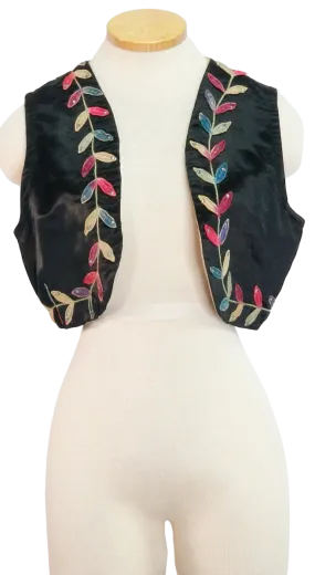 70s Silk & Watercolor Embroider Trim Vest      S