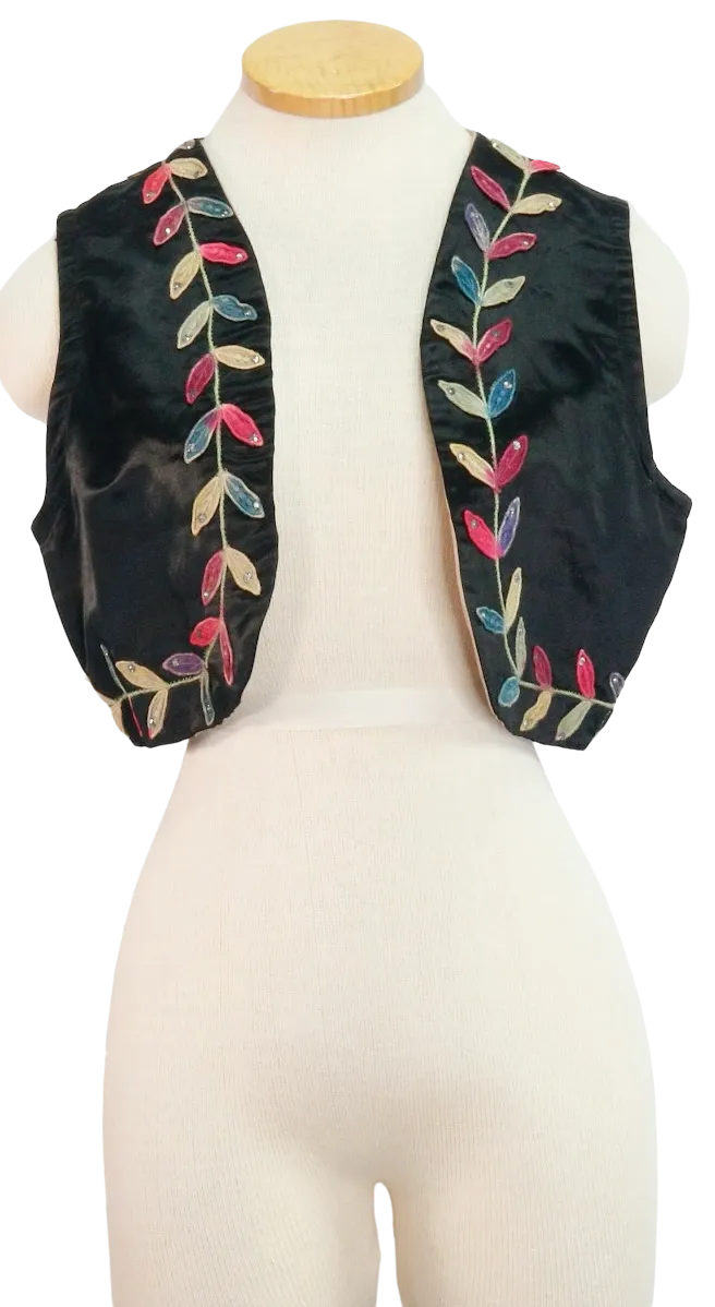 70s Silk & Watercolor Embroider Trim Vest      S