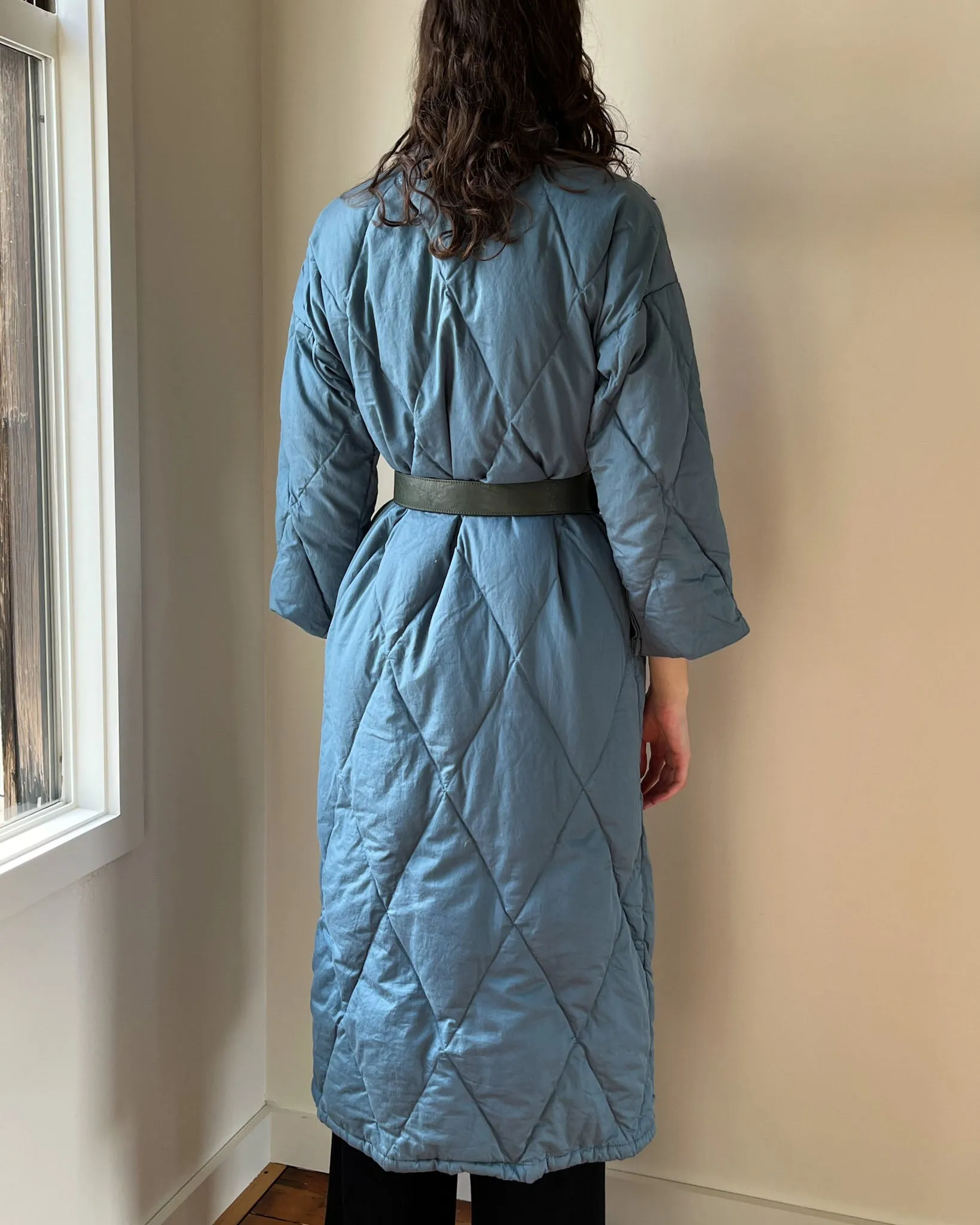 90s Blue Quilted Down Robe | XS-M