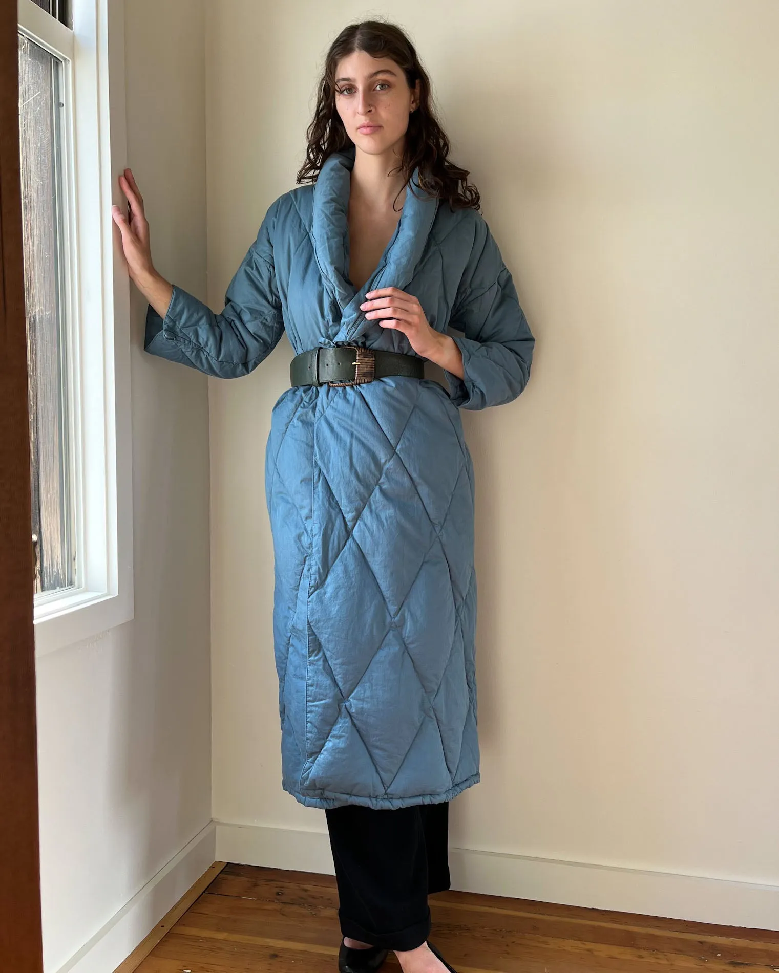 90s Blue Quilted Down Robe | XS-M