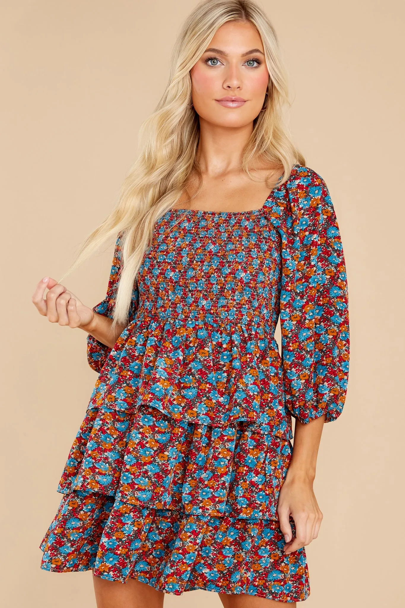 A Flirty Rendezvous Orange And Blue Floral Print Dress