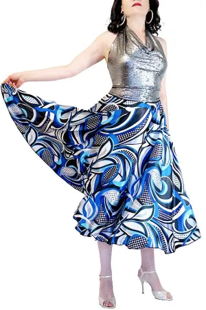 abstract blue satin full circle skirt with slits