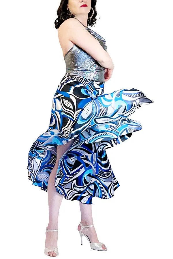 abstract blue satin full circle skirt with slits