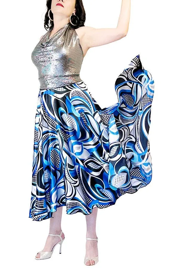 abstract blue satin full circle skirt with slits