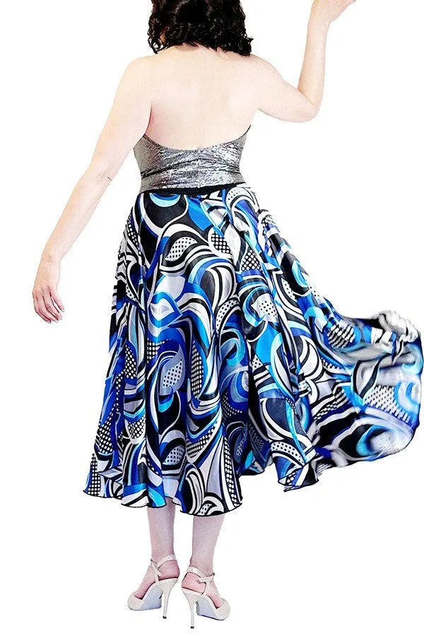 abstract blue satin full circle skirt with slits