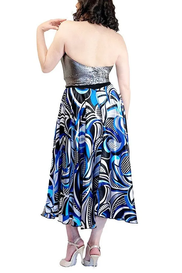 abstract blue satin full circle skirt with slits