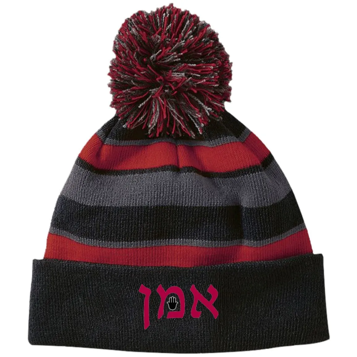 Amen Hebrew Embroidered Knit Fashion Striped Beanie Hat & Pom