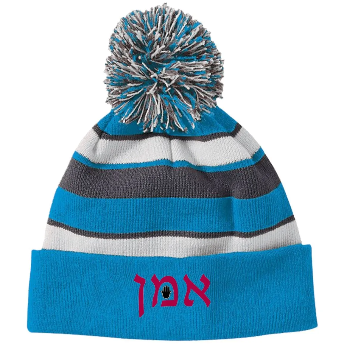 Amen Hebrew Embroidered Knit Fashion Striped Beanie Hat & Pom