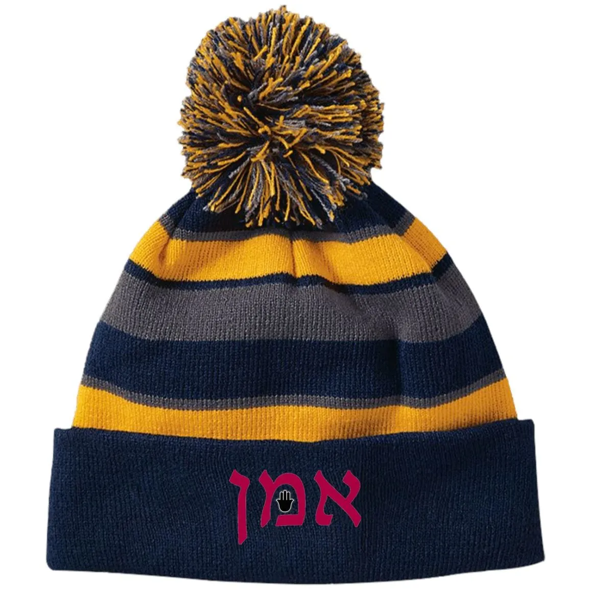 Amen Hebrew Embroidered Knit Fashion Striped Beanie Hat & Pom