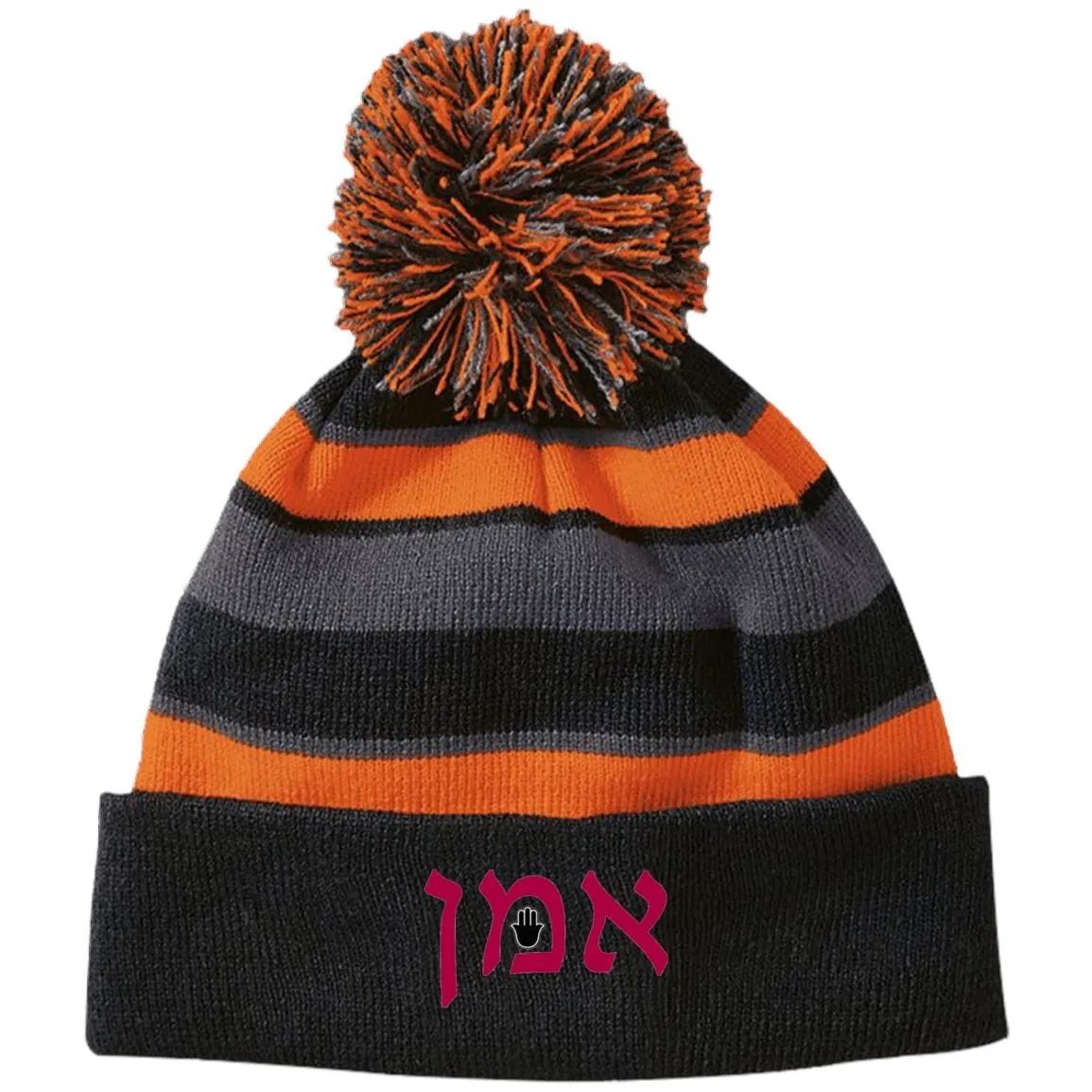 Amen Hebrew Embroidered Knit Fashion Striped Beanie Hat & Pom