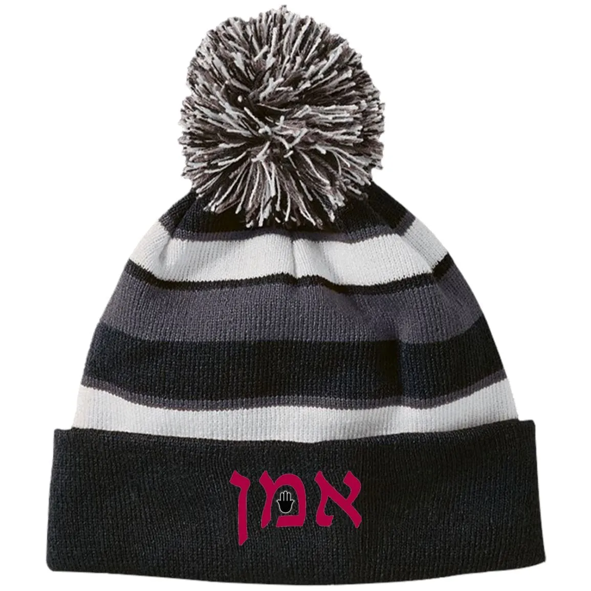 Amen Hebrew Embroidered Knit Fashion Striped Beanie Hat & Pom