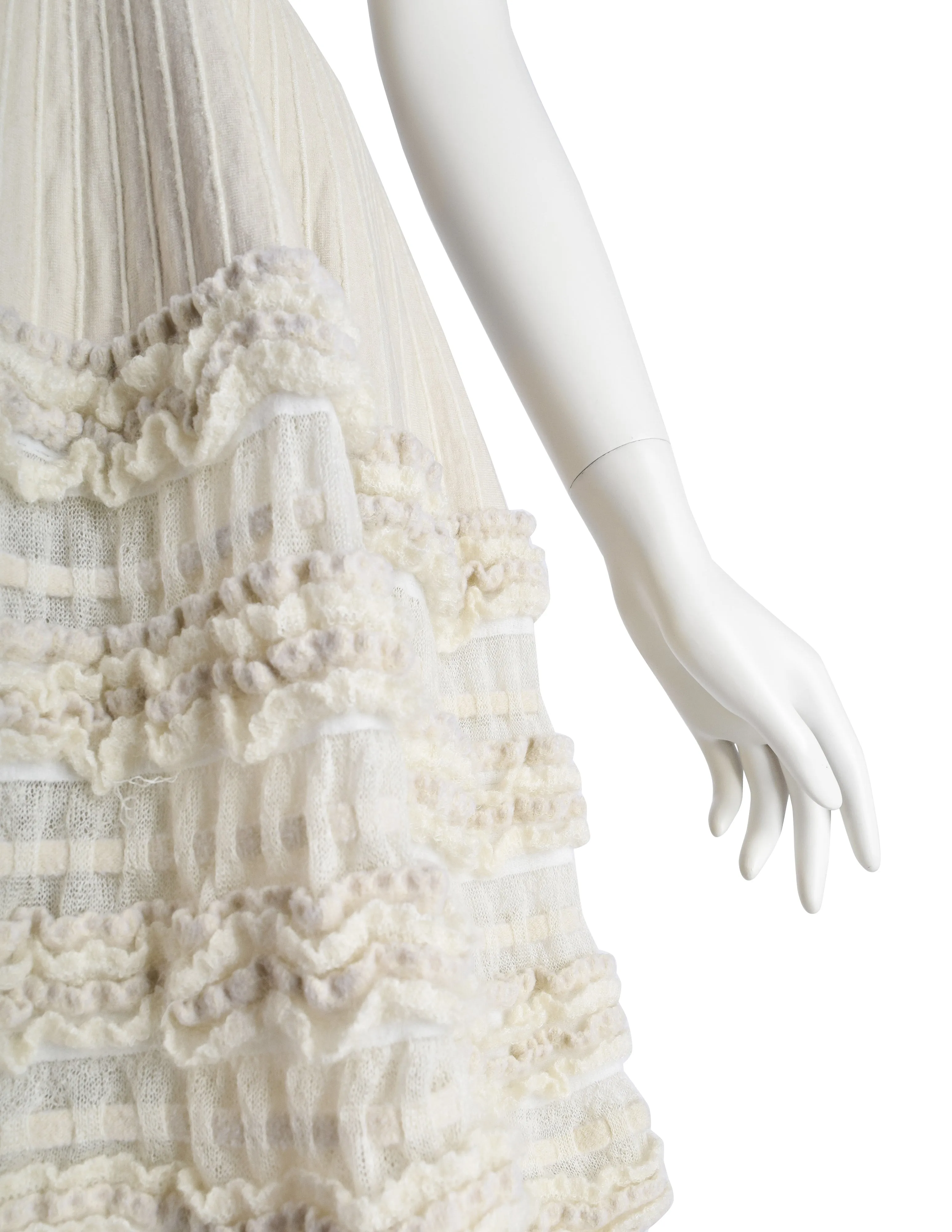 Azzedine Alaia AW 2008 Creamy Ribbed Wool Fit and Flare Ruffle Skirt Dress