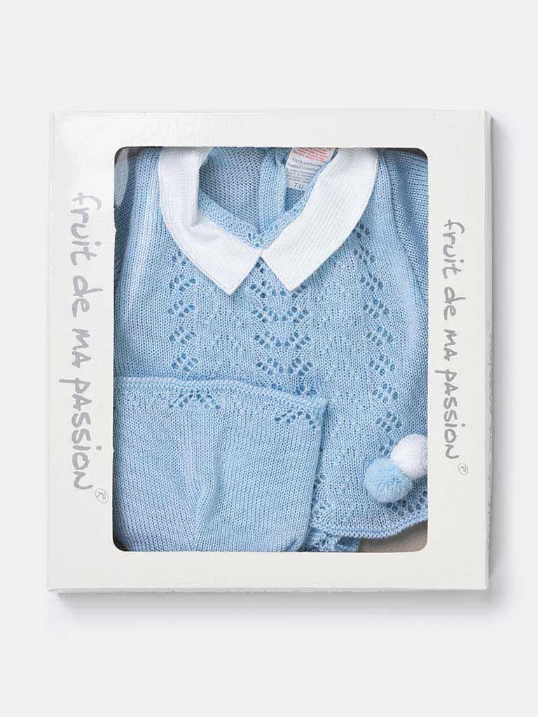 Baby Boy 3-piece Short Pom-pom Knitted Gift Box Set -Baby Blue