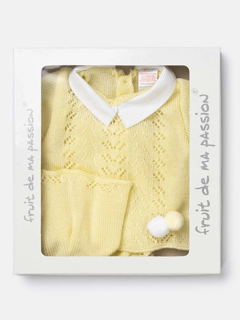 Baby Boy 3-piece Short Pom-pom Knitted Gift Box Set -Lemon Yellow