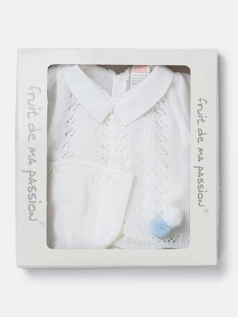 Baby Boy 3-piece Short Pom-pom Knitted Gift Box Set -White