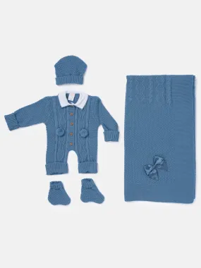 Baby Boy All-In-One Knitted Set with Blanket - Blue