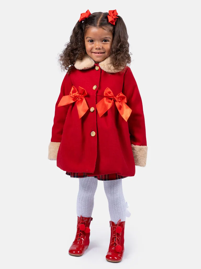 Baby Girl Elegant Coat with Fur and Satin Bows - Red