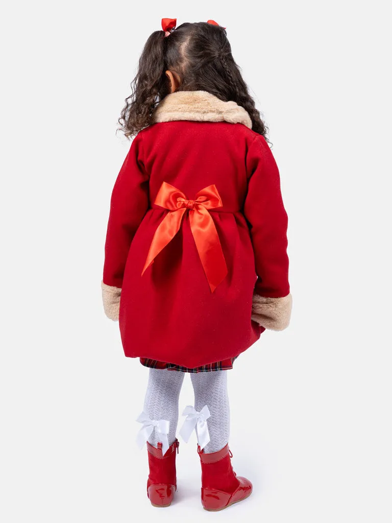 Baby Girl Elegant Coat with Fur and Satin Bows - Red