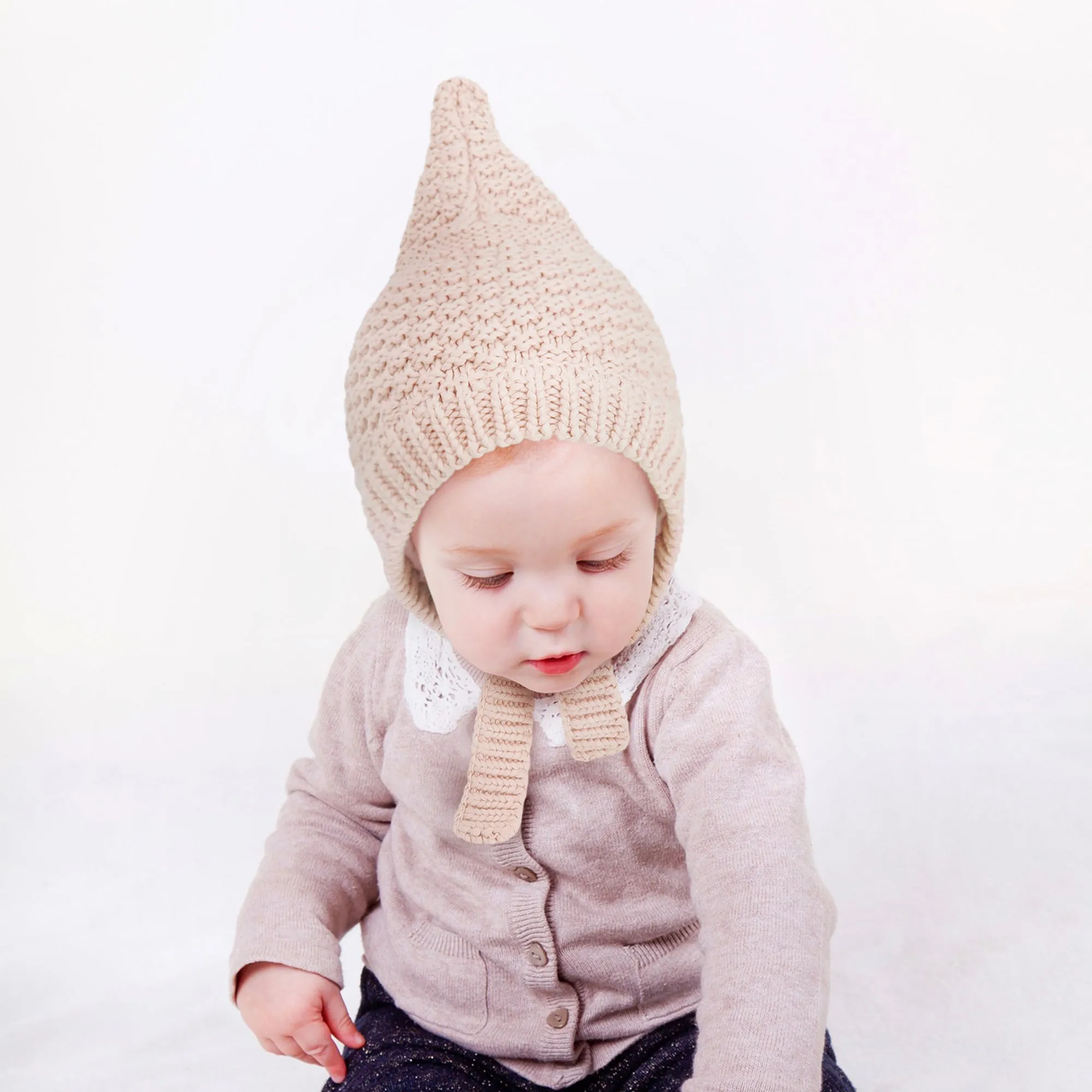 Baby Knit Bonnet Warm Cotton Lined Pixie Hat | Beige