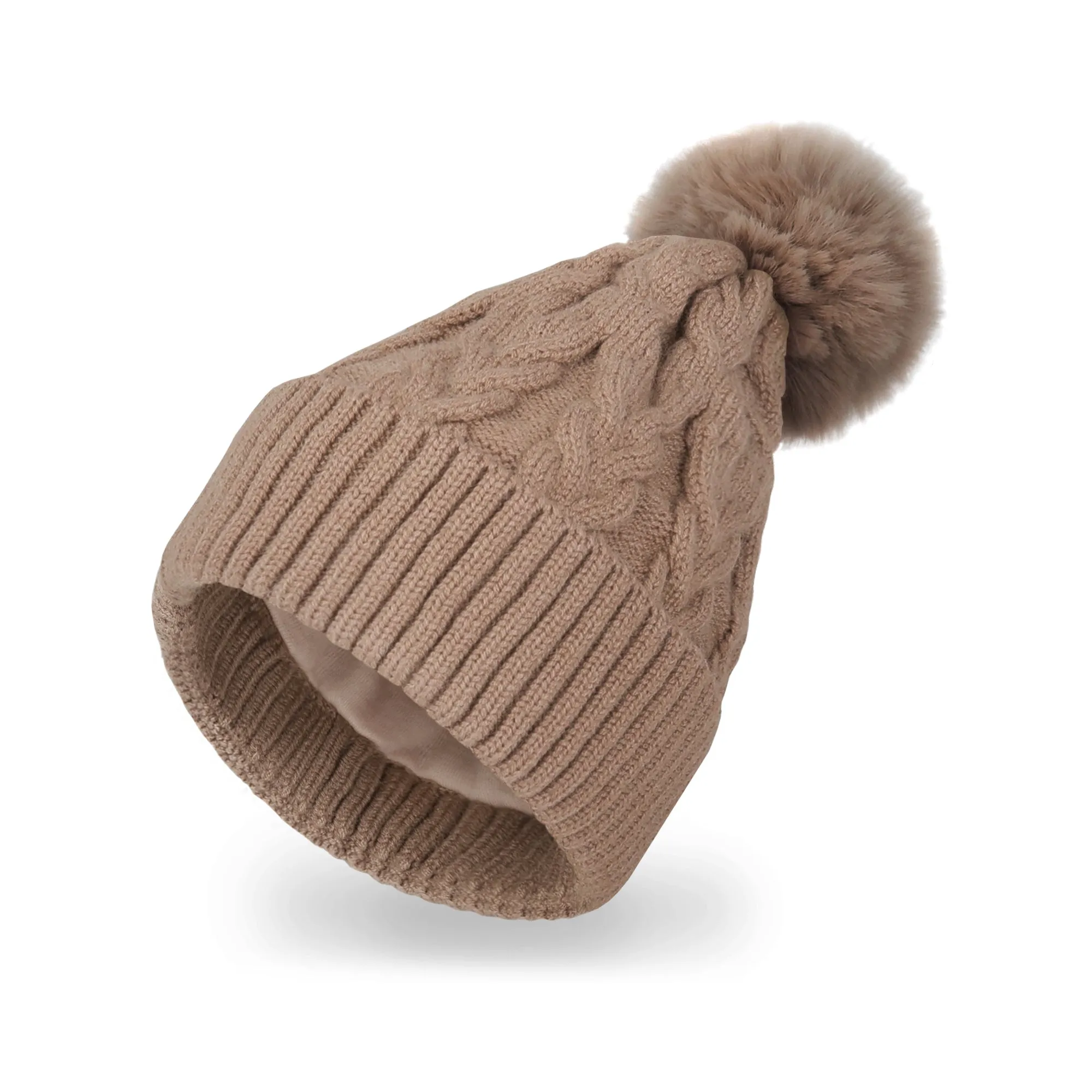 Baby Winter Knit Cotton Lined Pompom Hat | Beige