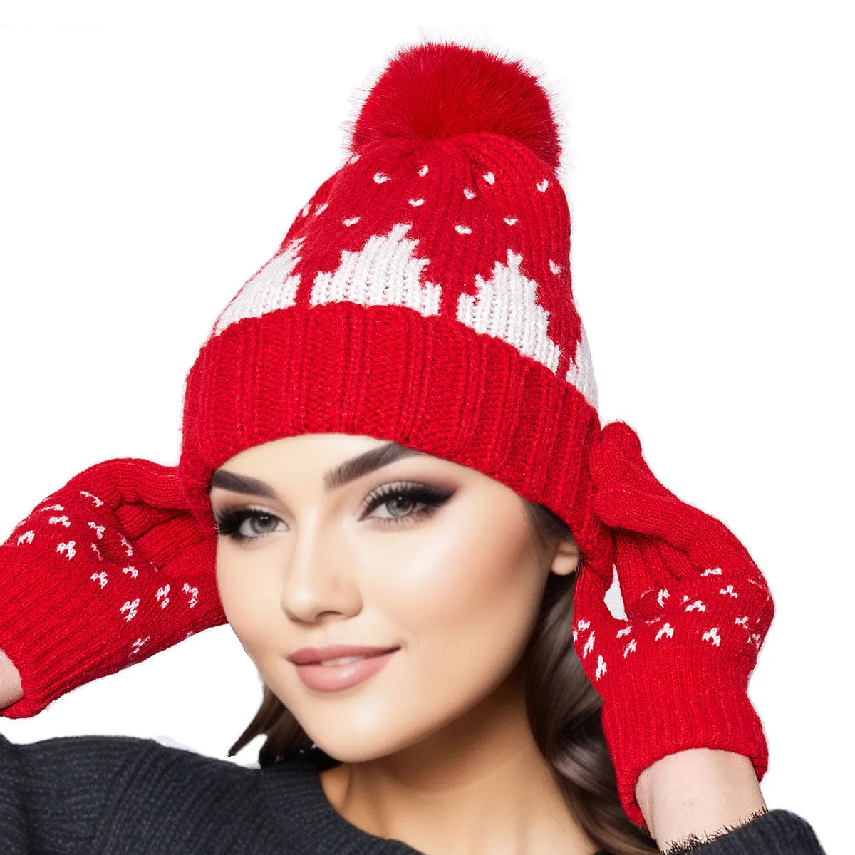 Beanie Hat Acrylic Red Snowing Pom Hat for Women