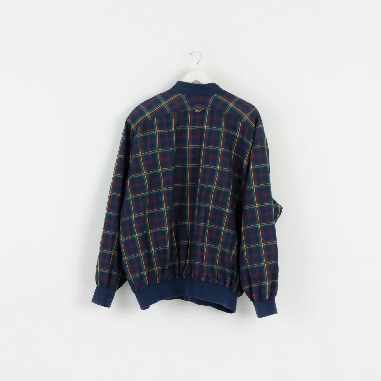 Bison Club Scandinavia Men XXL Jacket Navy Check Silk Bomber Shoulder Pads Bomber Top