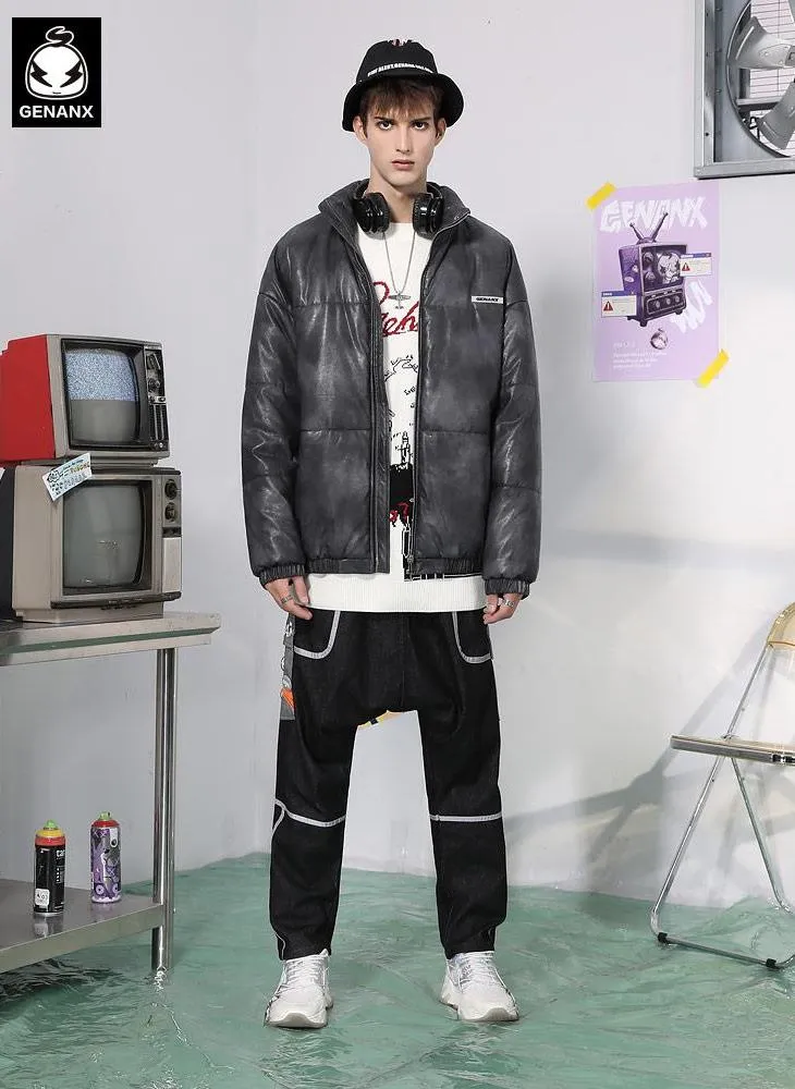 Black Graffiti Padded Coat With Elastic Hem