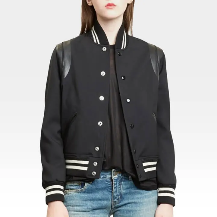 Black Varsity Bomber Jacket with Leather Trim