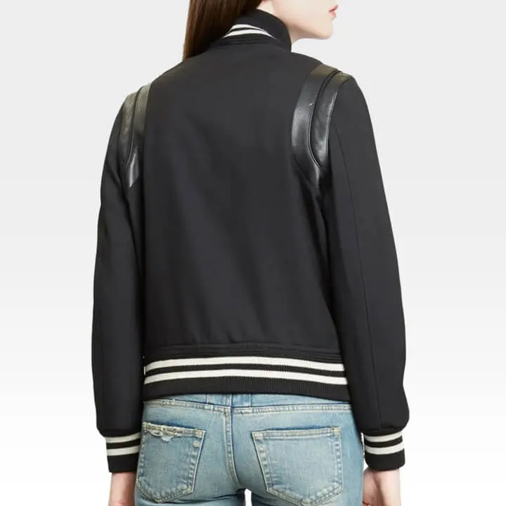 Black Varsity Bomber Jacket with Leather Trim