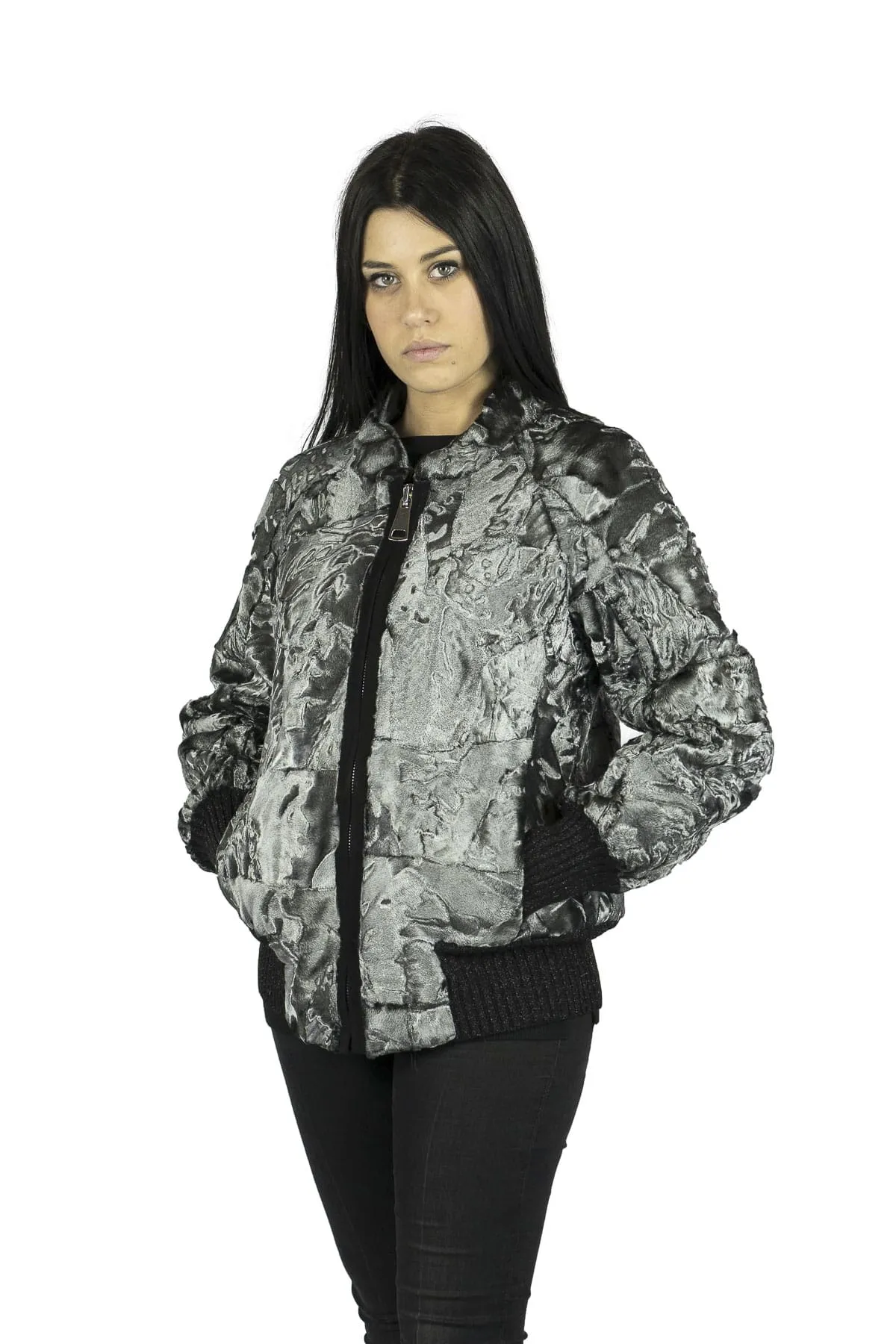 Bomber jacket in Silver Laminate Swakara