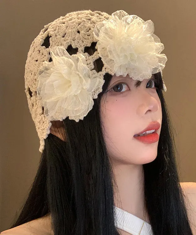 Boutique Beige Floral Hollow Out Knit Bonnie Hat WB027