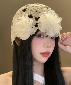 Boutique Beige Floral Hollow Out Knit Bonnie Hat WB027