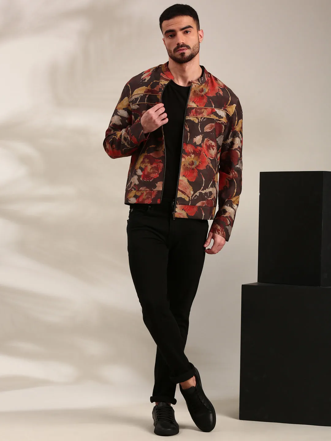 Brown Printed Silk Muslin Bomber Jacket