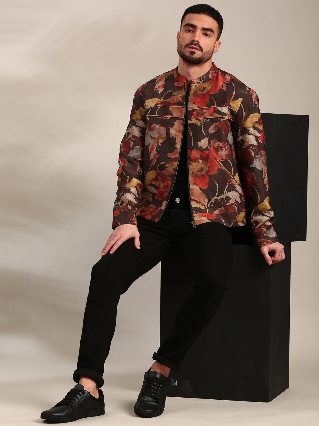 Brown Printed Silk Muslin Bomber Jacket