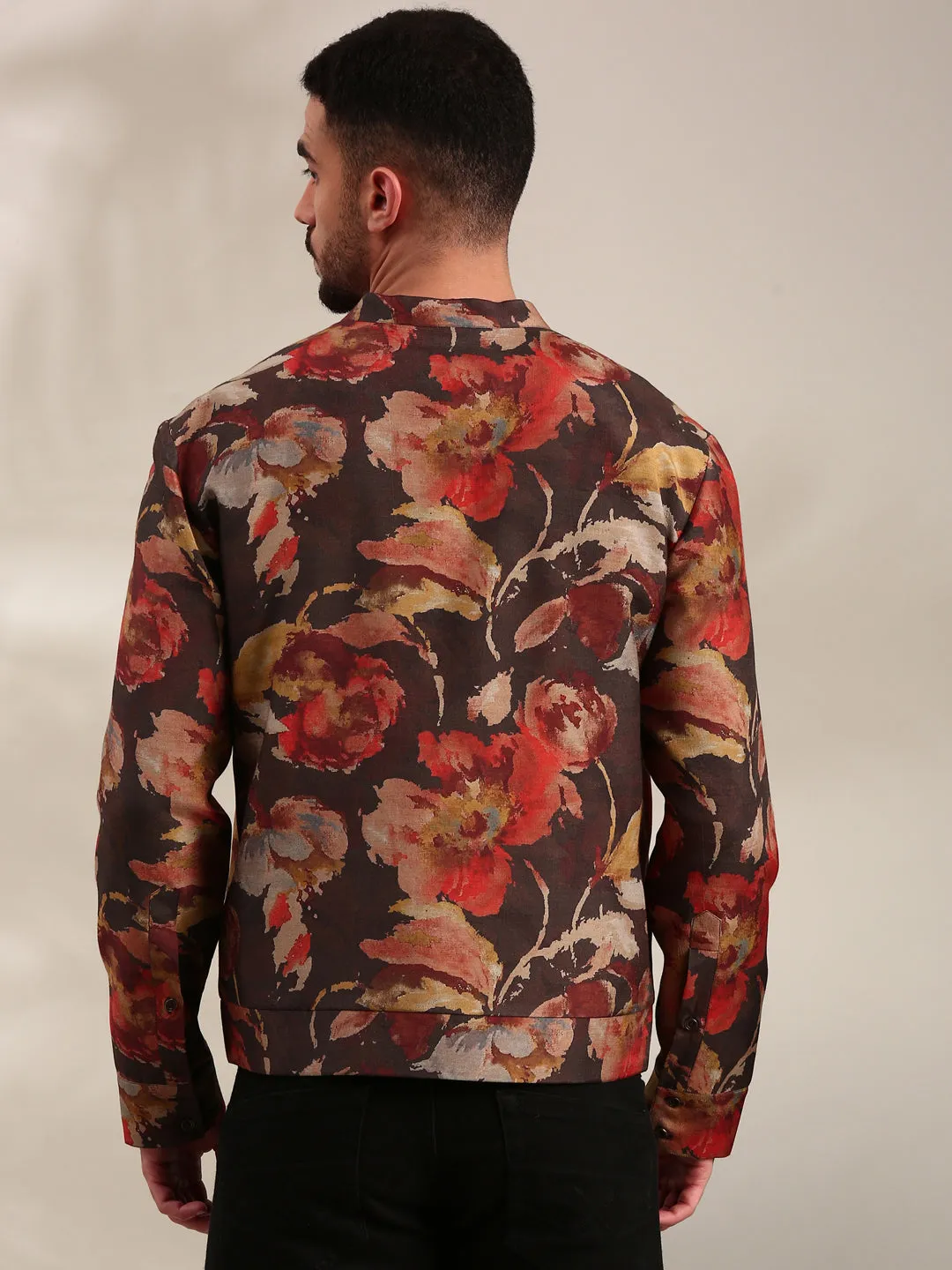 Brown Printed Silk Muslin Bomber Jacket