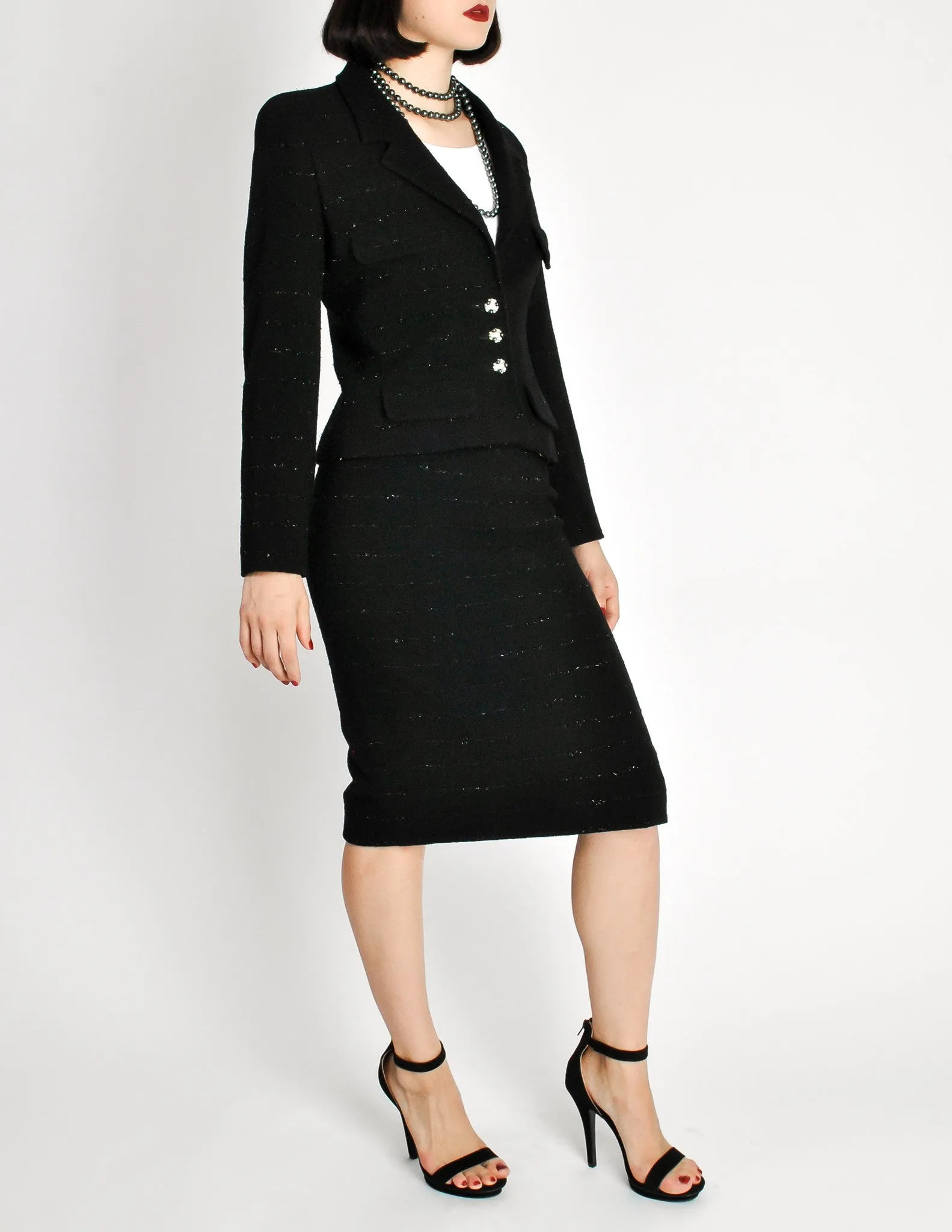 Chanel Vintage Black Wool Sparkly Two-Piece Suit