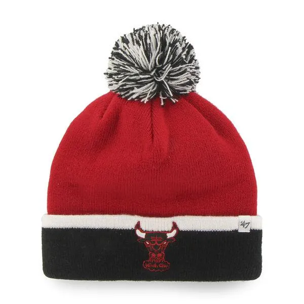 Chicago Bulls 47 Brand Red Black Baraka Retro 1984 Cuff Poofball Beanie Hat Cap