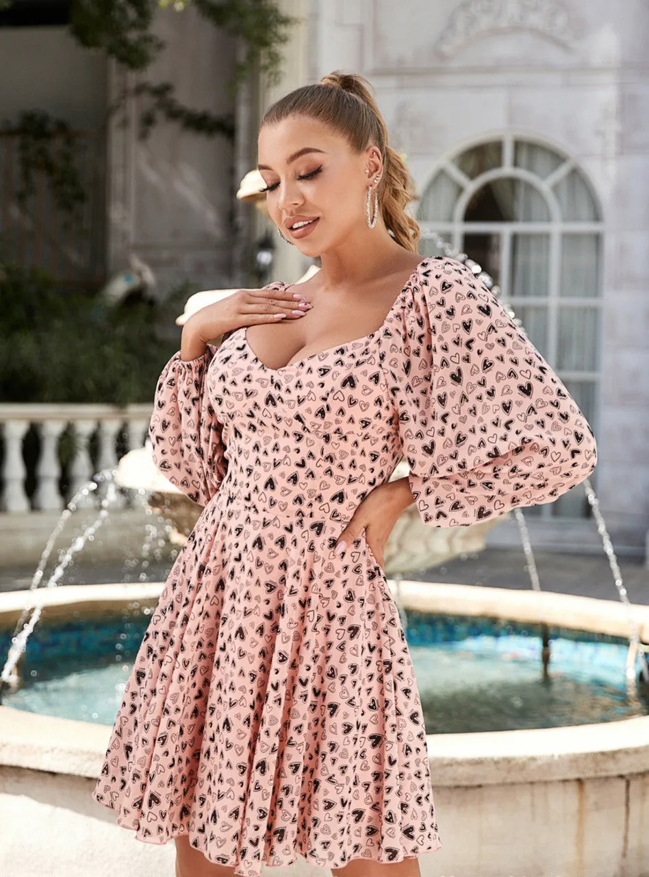 Chiffon Heart Printed Long Sleeve Dress