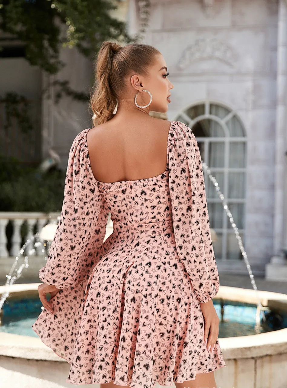 Chiffon Heart Printed Long Sleeve Dress