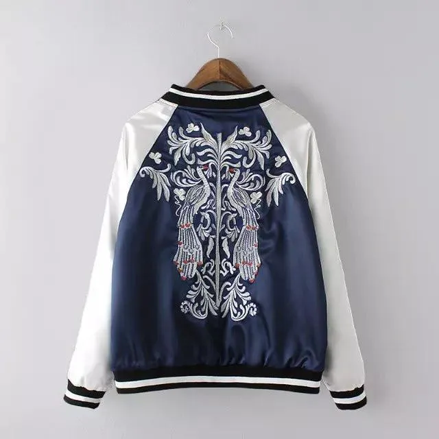 China Floral Embroidery Silk Bomber Jacket