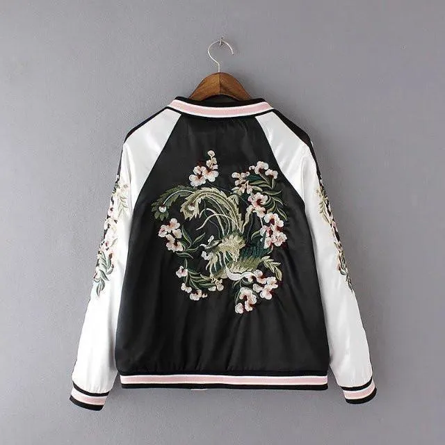 China Floral Embroidery Silk Bomber Jacket