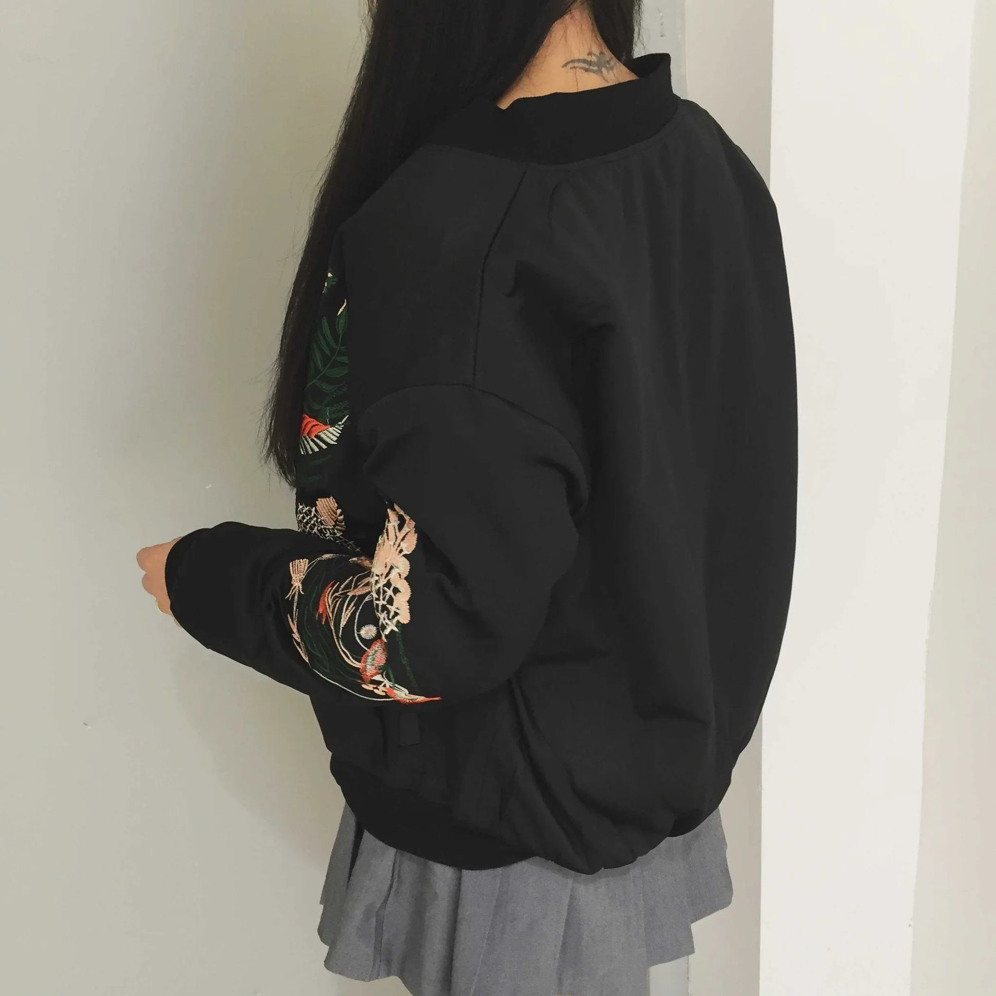 Chinese Plants Embroidery Black Silk Outwear Jacket