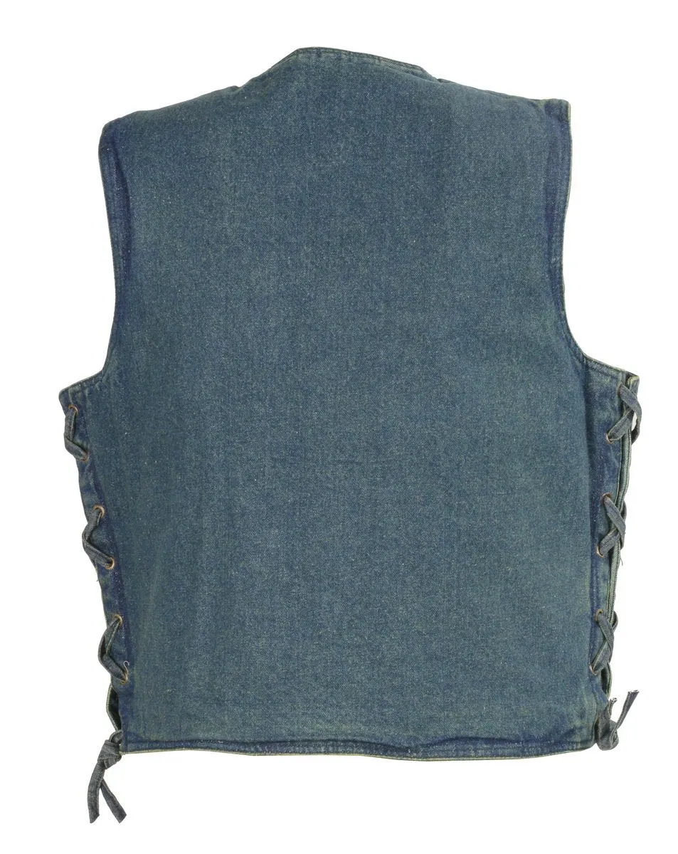 Club Vest CVM1360 Men's Classic Side Lace Blue Denim Vest with Snap Buttons