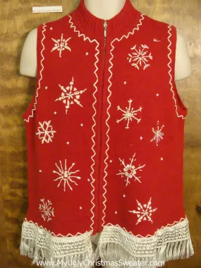 Corny Red Christmas Sweater Vest with Fringe