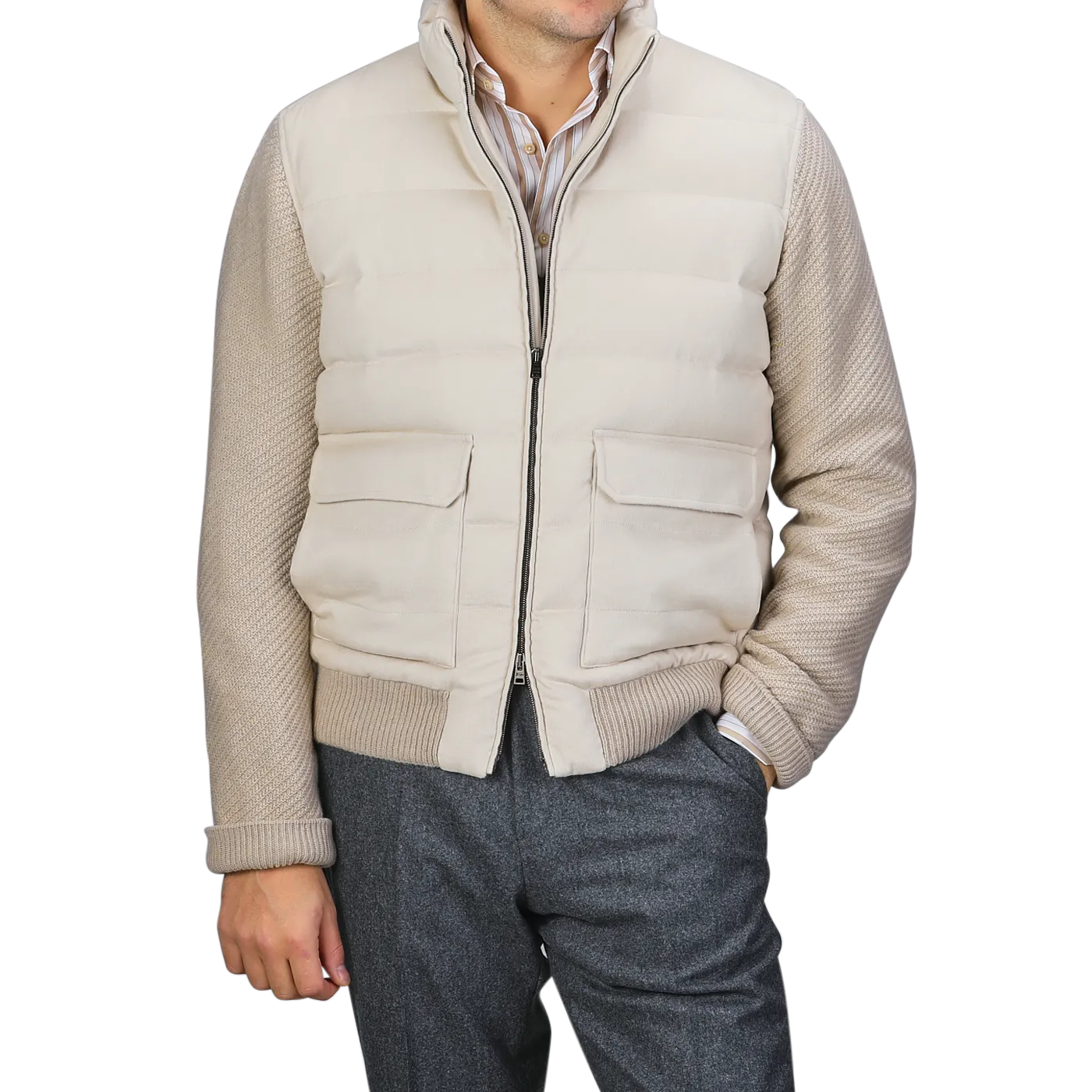 Cream Beige Cashmere Silk Bomber Jacket