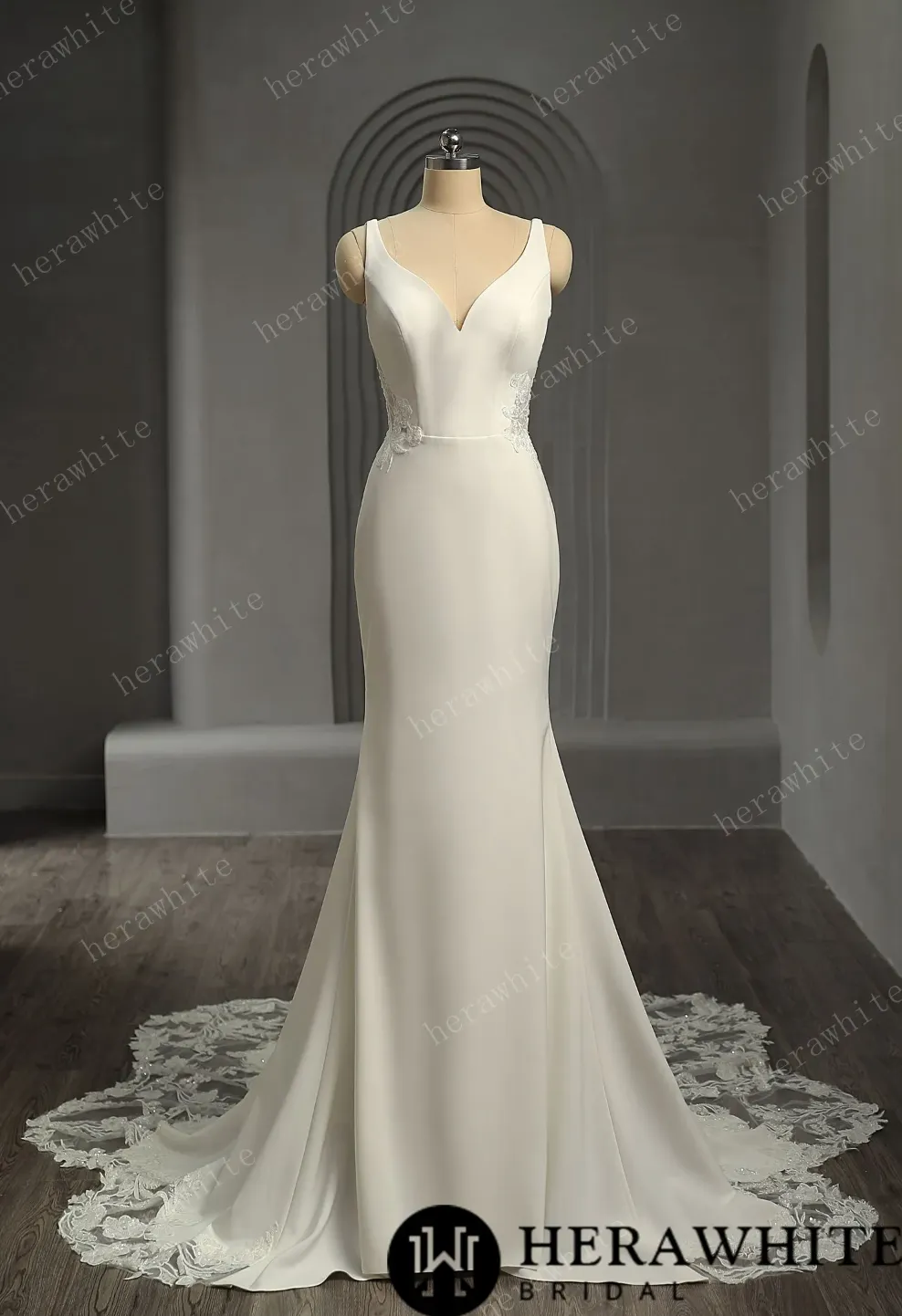 Crepe Fit and Flare Wedding Dress with Open Illusion Back