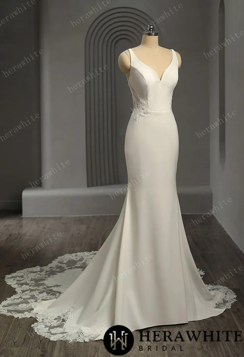 Crepe Fit and Flare Wedding Dress with Open Illusion Back