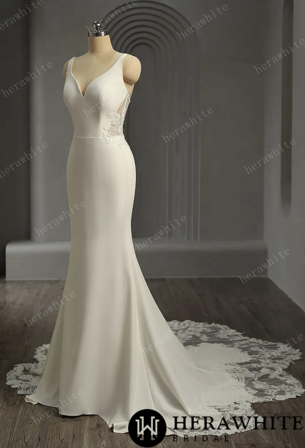 Crepe Fit and Flare Wedding Dress with Open Illusion Back