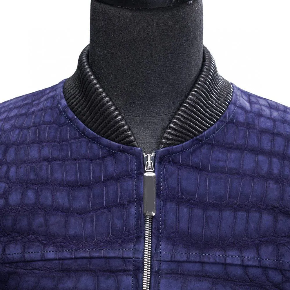 Crocodile Skin Sanded Leather Bomber Shimmer Zip Up Jackets Dark Blue